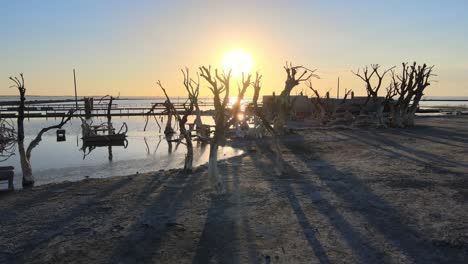 Low-level-slow-pan-shot-capturing-beautiful-sunset-at-Epecuen-village-that-was-once-a-thriving-tourist-spa-town-in-Buenos-Aires-Province,-submerged-underwater-and-resurfacing-after-years