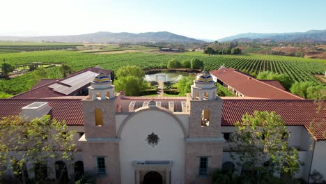 Ponte-Vineyard-Inn,-winery,-and-vineyard-in-Temecula,-California---aerial-flyover