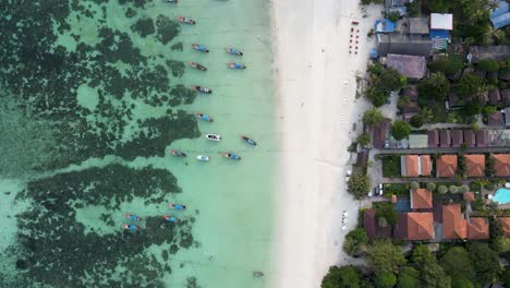 Aerial-Birds-Eye-Flying-Over-Pattaya-Beach-With-Longtail-Boats-Moored-In-Turquoise-Waters