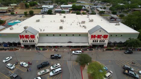 Aerial-footage-of-the-HEB-store-located-at-407-S-Adams-St,-Fredericksburg,-TX-78624