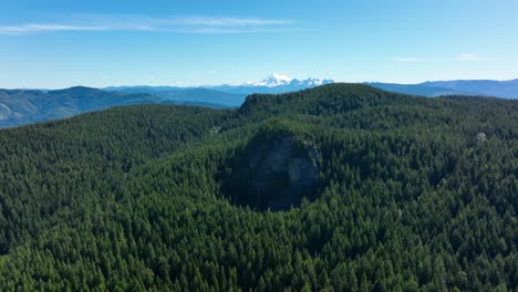 Aerial-of-a-tree-filled-landscape-with-Mount-Baker-looming-in-the-distance