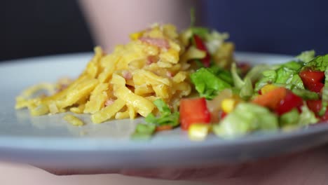 Closeup-selective-focus-of-pasta-and-ham-with-lettuce-and-tomatos-on-plate