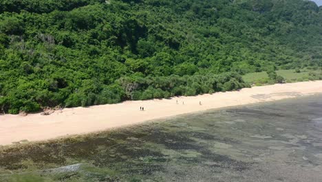 tourists-on-empty-white-sand-beach-in-Uluwatu-Bali-on-sunny-day,-aerial