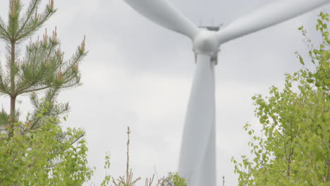 WIND-POWER---soft-focus-turbine-spins-behind-young-trees-in-nature,-cloudy-day