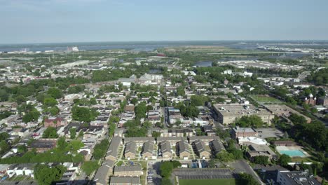 Aerial-view-over-a-neighborhood,-in-Wilmington,-sunny,-summer-day,-in-Delaware,-USA
