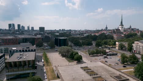 Tallinn,-Estonia---Ascending-camera-flight-drone-aerial-bird-view-of-the-capital-of-Estonia---Panorama-of-old-town-of-Tallinn-on-the-right-and-new-business-high-rise-district-on-the-left-baltic-sea