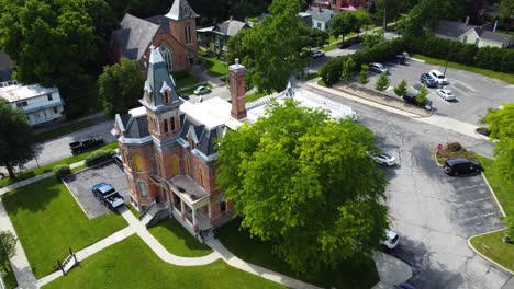 Delaware,-Ohio,-old-county-jail-near-downtown,-aerial-drone