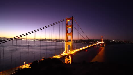 Night-to-day-timelapse-of-the-Iconic-San-Francisco-Golden-Gate-Bridge-going-from-night-footage-to-the-morning-at-sunrise-revealing-the-beautiful-urban-skyline