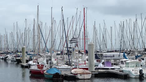 Fleet-of-sailboats-tied-to-docks-in-Brest,-France-marina