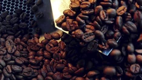 Frisch-Geröstete-Kaffeebohnen-Im-Röster-Umrühren---Nahaufnahme-In-Zeitlupe