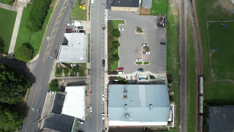 Downward-angle-drone-shot-of-downtown-Elkin,-North-Carolina