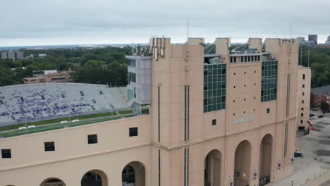 Ryan-Field-football-stadium-on-the-campus-of-Northwestern-University-in-Evanston,-Illinois-with-drone-video-moving-sideways-close-up