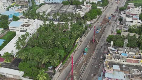 Cinematic-drone-view-of-bridge-construction-in-a-Indian-metro