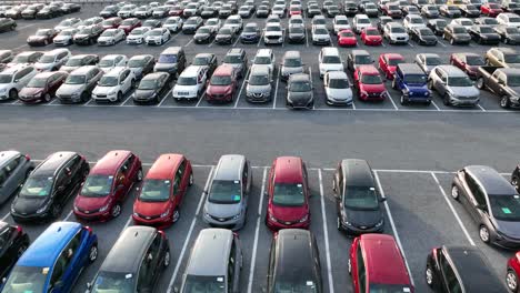 Low-truck-shot-of-cars-sitting-in-full-parking-lot-at-auto-auction