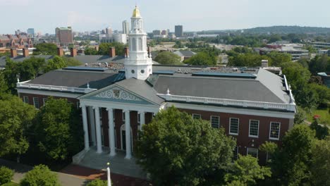 Incredible-Aerial-Establishing-Shot-of-the-Prestigious-Harvard-Business-School,-Summer