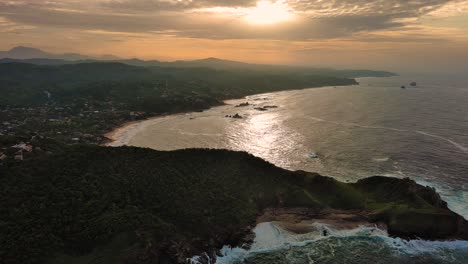 Aerial-Drone-Above-Mazunte-Sunrise-Ocean-Shore-Beach-Punta-Cometa-Oaxaca-Mexico