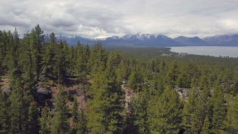 Drone-footage-of-taken-in-south-lake-Tahoe-of-the-forest,-lake,-and-mountains