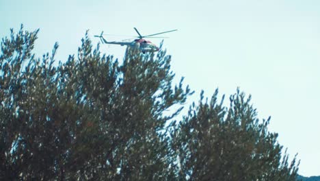 Helicopter-flying-towards-fire-distant-behind-trees