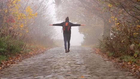 A-man-is-walking-on-a-stone-paved-road-during-a-foggy-misty-morning