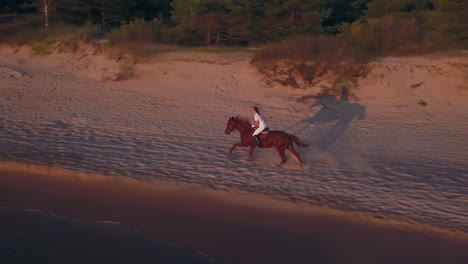Girl-in-white-riding-a-horse-on-beach,-4k