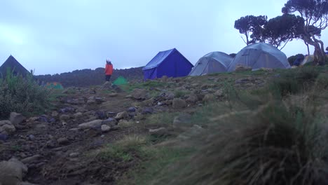 Kilimanjaro-Hike-Camp-with-Tents-and-Male-passing-by