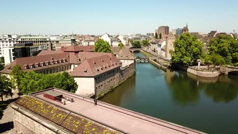 Aerial-view-of-the-ponts-couverts,-the-covered-bridge,-in-Petit-France,-Strassbourg,-France,-Europe
