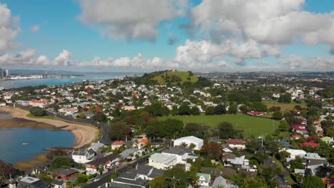 SLOWMO---Aerial-shot-of-Mount-Victoria,-Devonport-and-North-Head-in-Auckland,-New-Zealand