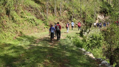 Himalayan-mountaineers-on-their-way-to-reach-their-destination-with-their-backpacks---essential-goods---passing-through-Himalayan-hills---Sal-Forest,-Uttarakhand,-India