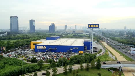 Drone-aerial-dolly-in-or-push-in-or-moving-in-shot-of-Ikea-Alam-Sutera-at-a-sunny-day