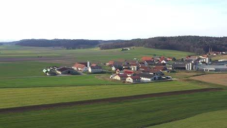 Weizen--Und-Maisfelder-Umgeben-Das-Kleine-Dorf-Levanjci-In-Der-Nähe-Von-Destrnik-In-Slowenien-Mit-Großen-Vieh--Und-Milchviehbetrieben,-Agrarindustrie-Und-Landwirtschaft-In-Europa