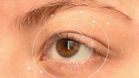 Close-up-of-a-young-redhead-female's-light-brown-eye,-with-white-futuristic-high-technology-elements-rotating-in-front-of-her-pupil