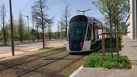 The-new,-modern-CAF-tramway-on-Kirchberg-in-Luxembourg-City