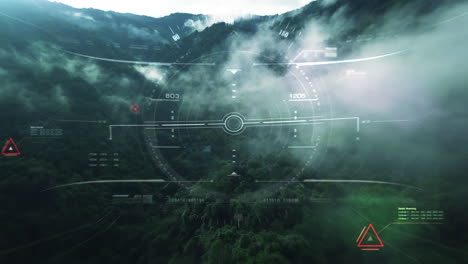 Aerial-view-from-the-fighter-plane's-cockpit-flying-over-the-low-cloud-cover-mountain-scape-with-head-up-display-acquire-targets-and-enemies-location-hidden-in-the-dense-mountain-forest