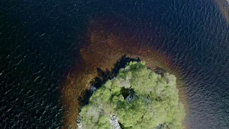 Top-down-aerial-over-a-tiny-temperate-tree-covered-island-in-the-middle-of-a-deep-dark-lake-or-loch