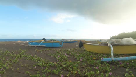 Pequeños-Barcos-De-Pesca-En-Una-Playa-Tropical-Con-Flores-Silvestres-Y-Cielo-Azul-Nublado-4k