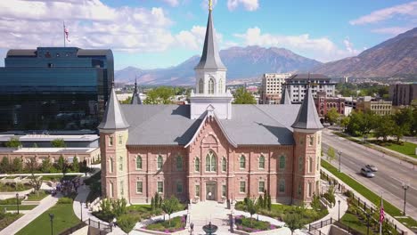 Drone-Shot-flying-slowly-towards-the-Provo-City-Center-Temple-on-a-sunny-day