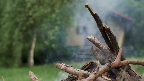 Close-shot-of-smoking-campfire-and-male-hand-putting-firewood-in-the-fire