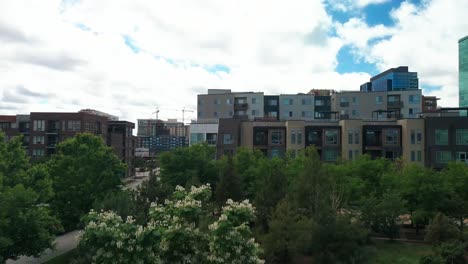Slow-rise-from-green-park-and-trees-to-reveal-modern-downtown-Denver