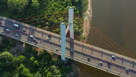 Beautiful-top-down-shot-of-traffic-on-modern-cable-stayed-bridge