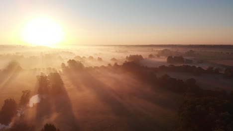 Aerial-footage-with-camera-moving-sideways-across-the-east-anglian-countryside-with-low-lying-mist-just-after-sunrise-with-shadows-being-cast-by-trees
