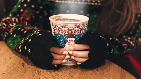 Schönes-Mädchen-Hält-Dampfende-Weihnachtstasse-Mit-Kalten-Händen