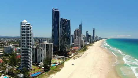 Some-of-the-high-rise-buildings,-such-as-the-Jewel-apartment-buildings,-along-Broadbeach-in-Queensland,-Australia