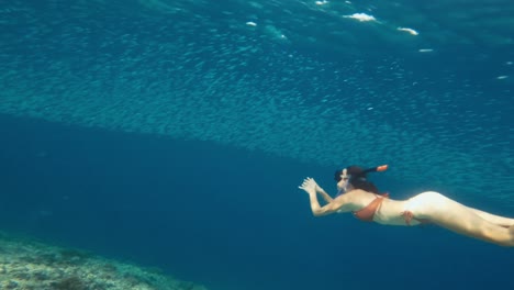 Unterwasseraufnahme-Einer-Schönen-Jungen-Frau-In-Bikinis,-Die-Durch-Einen-Schwarm-Kleiner-Fische-Schwimmt