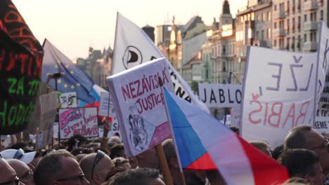 Closeup-of-banners-during-demonstration-against-czech-president-and-premier,-Prague