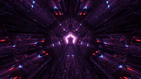 VJ-Loop---Flying-Through-a-Glowing-Red,-Blue-and-Purple-Pentagonal-Kaleidoscope-Tunnel