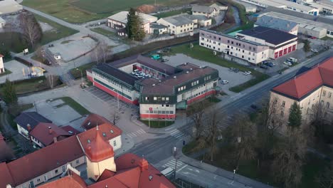 Elektro-Maribor-branch-office-in-Slovenska-Bistrica,-aerial-view-of-electricity-power-supply-company-in-Slovenia