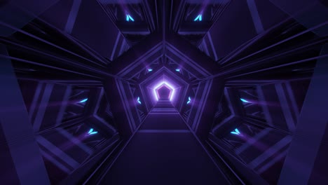 Violett,-red-and-purple-lit-pentagon-shaped-tunnel-with-bright-path-in-futuristic-hall-way-architecture,-3d-cgi-rendered-graphic-animation