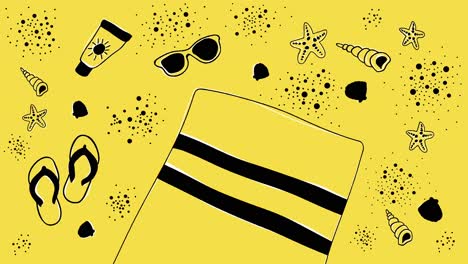 Animated-summer-background-with-black-hand-drawn-beach-objects-on-yellow
