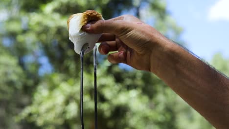 Slow-motion-shot-of-someone-pulling-a-gooey-golden-brown-marshmallow-off-of-a-metal-skewer-to-make-S'mores