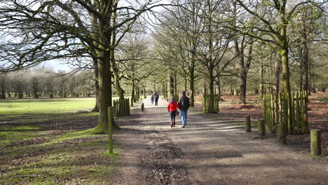 A-couple-walk-arm-in-arm,-together-at-Dunham-Massey-a-Georgian-house,-garden-for-all-seasons-and-an-ancient-deer-park,-part-of-the-National-Trust-membership